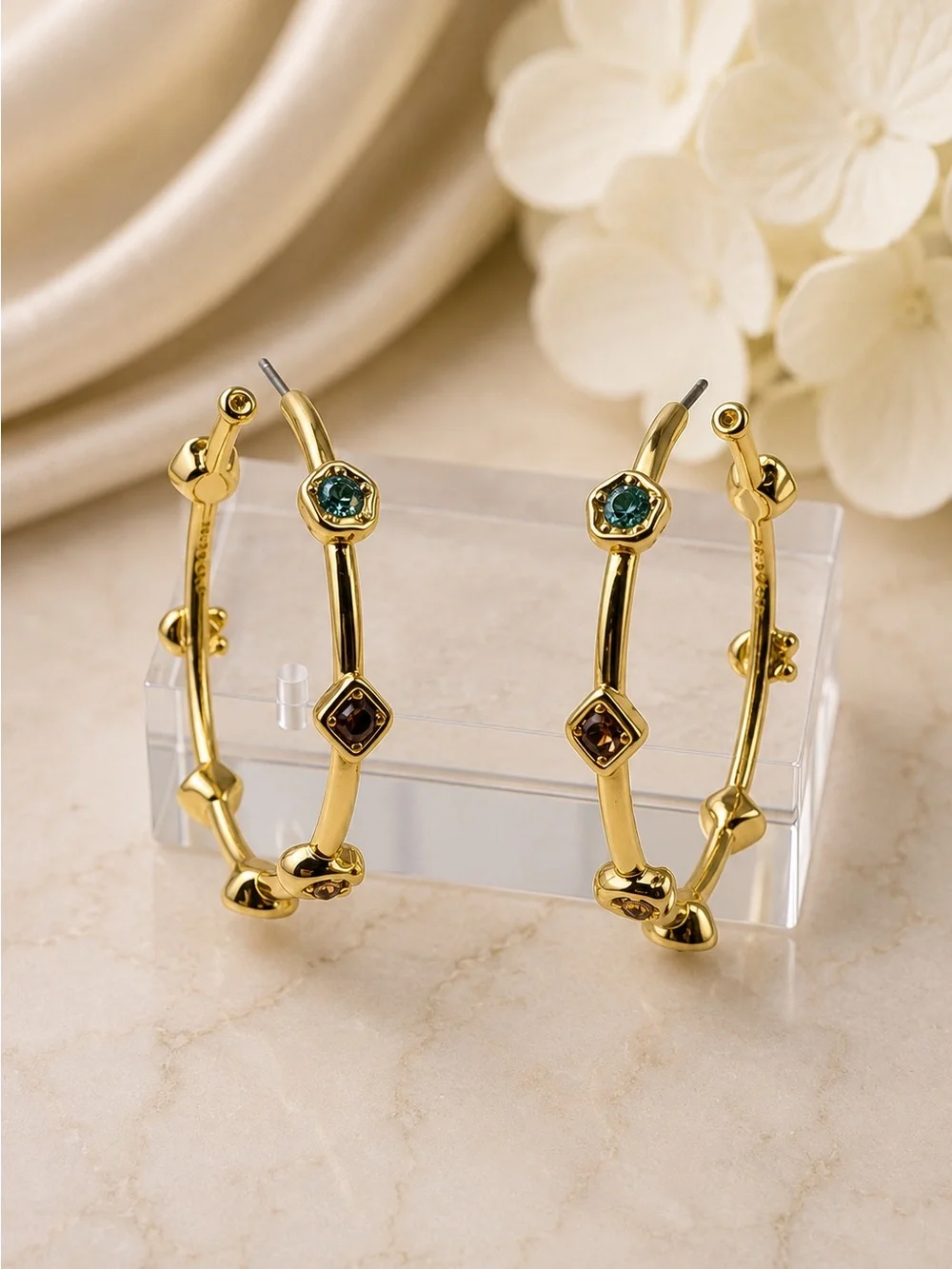 Coach Gold Tone Crystal Accent Hoop Earrings